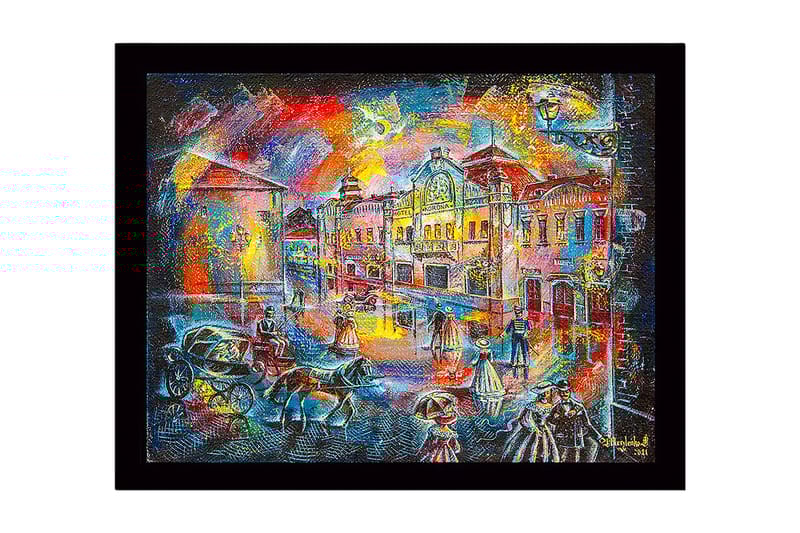 Indrammet lærred i træ - 41x56 cm - Livligt bybillede med mennesker i historisk tøj og hestevogne, Blå / Rød / Gul