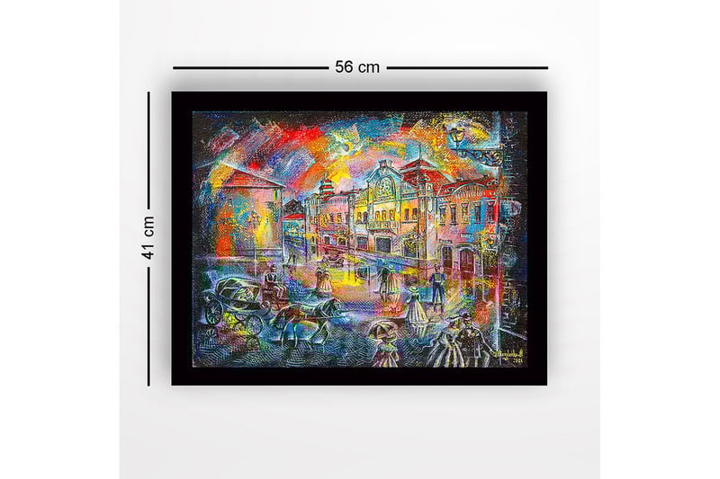 Indrammet lærred i træ - 41x56 cm - Livligt bybillede med mennesker i historisk tøj og hestevogne - Blå / Rød / Gul - Boligtilbehør - Billeder & kunst