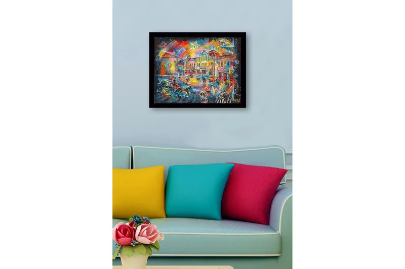 Indrammet lærred i træ - 41x56 cm - Livligt bybillede med mennesker i historisk tøj og hestevogne - Blå / Rød / Gul - Boligtilbehør - Billeder & kunst