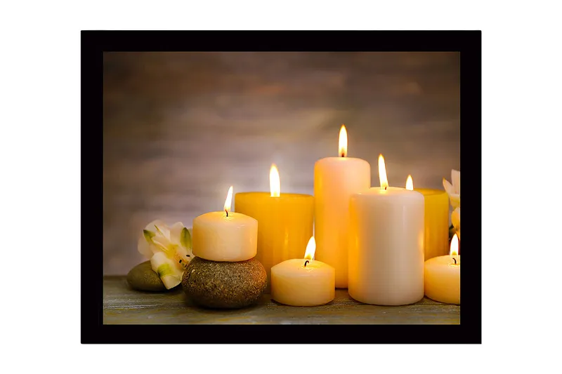 Indrammet lærred i træ - 41x56 cm - Lysende lys i forskellige former og størrelser, Gul / Creme / Beige