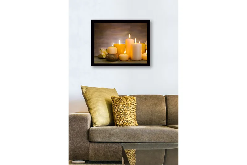 Indrammet lærred i træ - 41x56 cm - Lysende lys i forskellige former og størrelser - Gul / Creme / Beige - Boligtilbehør - Billeder & kunst