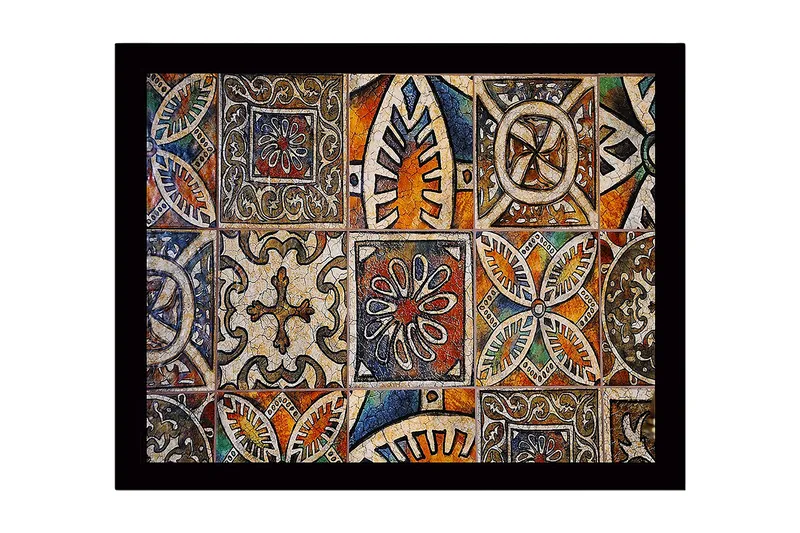 Indrammet lærred i træ - 41x56 cm - Mønstret flise med geometriske og blomstermotiver - Orange / Blå / Beige - Boligtilbehør - Billeder & kunst