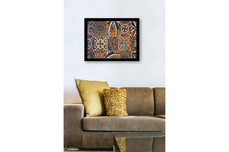 Indrammet lærred i træ - 41x56 cm - Mønstret flise med geometriske og blomstermotiver - Orange / Blå / Beige - Boligtilbehør - Billeder & kunst