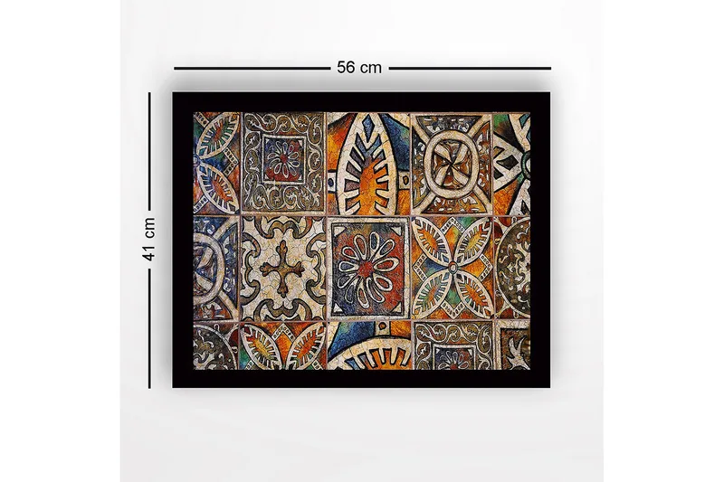 Indrammet lærred i træ - 41x56 cm - Mønstret flise med geometriske og blomstermotiver - Orange / Blå / Beige - Boligtilbehør - Billeder & kunst