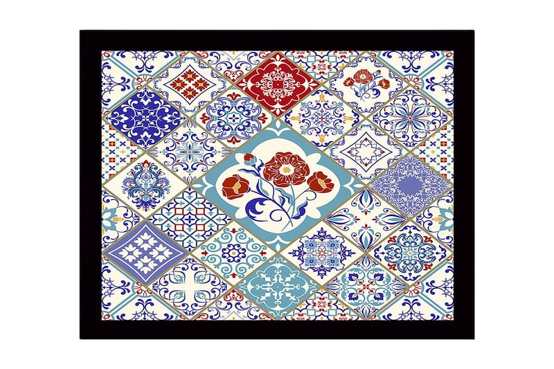 Indrammet lærred i træ - 41x56 cm - Mønstret flisekomposition med blomstermotiver og geometriske former, Blå / Rød / Hvid