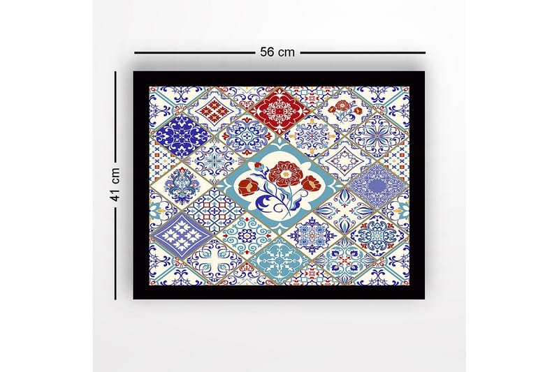 Indrammet lærred i træ - 41x56 cm - Mønstret flisekomposition med blomstermotiver og geometriske former - Blå / Rød / Hvid - Boligtilbehør - Billeder & kunst