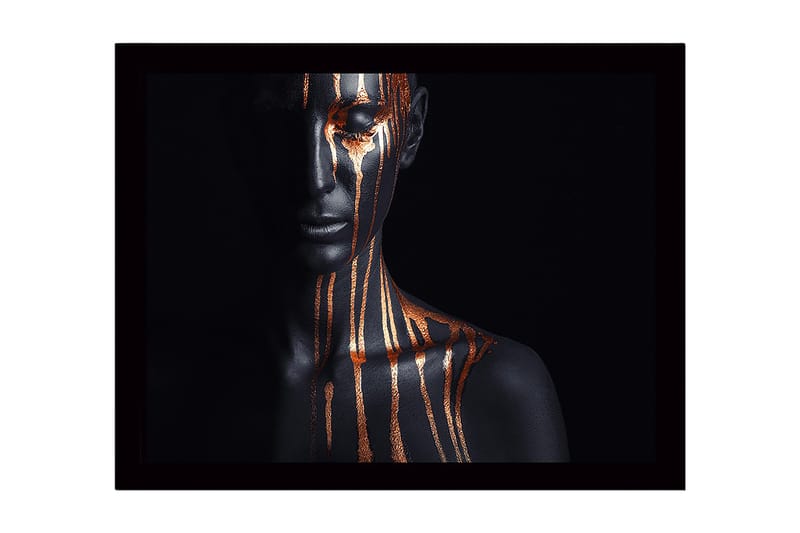 Indrammet lærred i træ - 41x56 cm - Mørk figur med guldstriber, der løber ned ad ansigt og krop, Sort / Guld