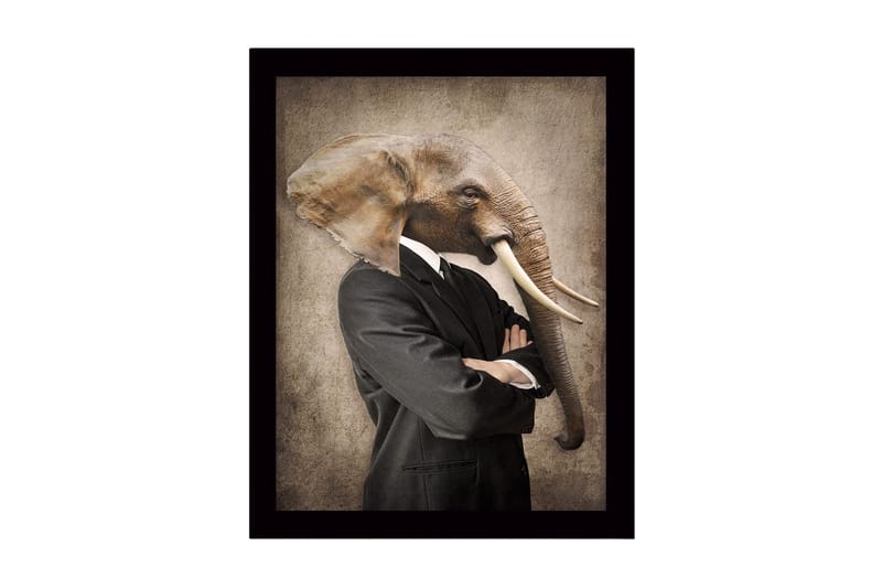 Indrammet lærred i træ - 41x56 cm - Mand med elefanthoved i jakkesæt, Grå / Brun / Sort