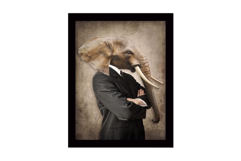 Indrammet lærred i træ - 41x56 cm - Mand med elefanthoved i jakkesæt, Grå / Brun / Sort