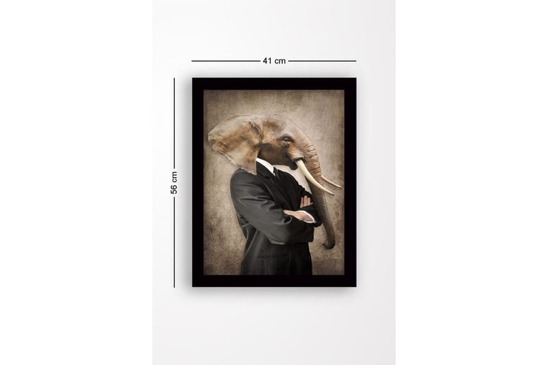 Indrammet lærred i træ - 41x56 cm - Mand med elefanthoved i jakkesæt - Grå / Brun / Sort - Boligtilbehør - Billeder & kunst