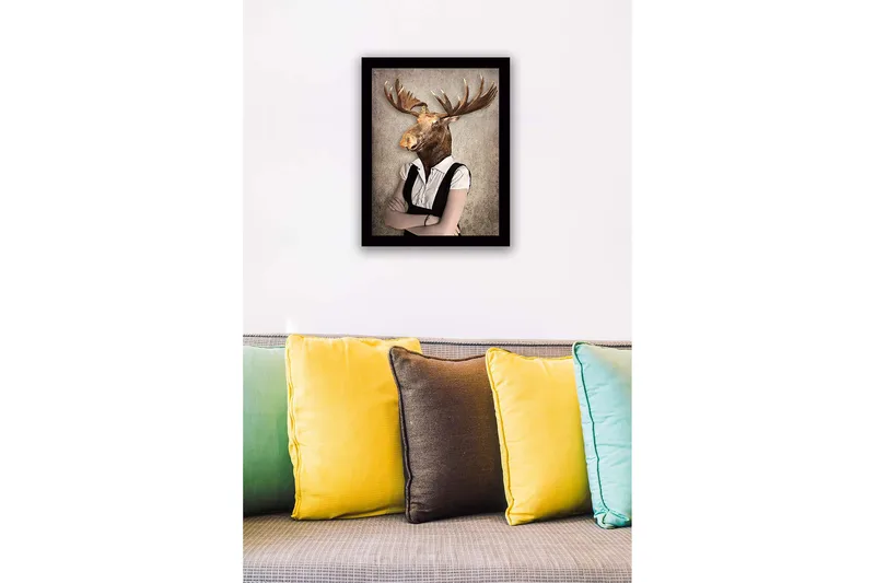 Indrammet lærred i træ - 41x56 cm - Mand med elghoved i formelt tøj - Brun / Hvid / Grå - Boligtilbehør - Billeder & kunst