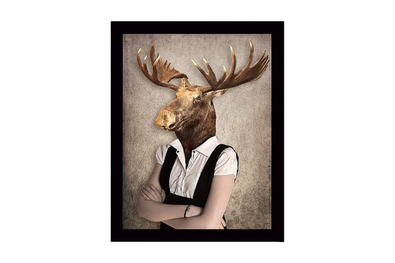 Indrammet lærred i træ - 41x56 cm - Mand med elghoved i formelt tøj, Brun / Hvid / Grå