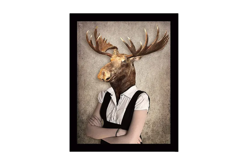 Indrammet lærred i træ - 41x56 cm - Mand med elghoved i formelt tøj, Brun / Hvid / Grå