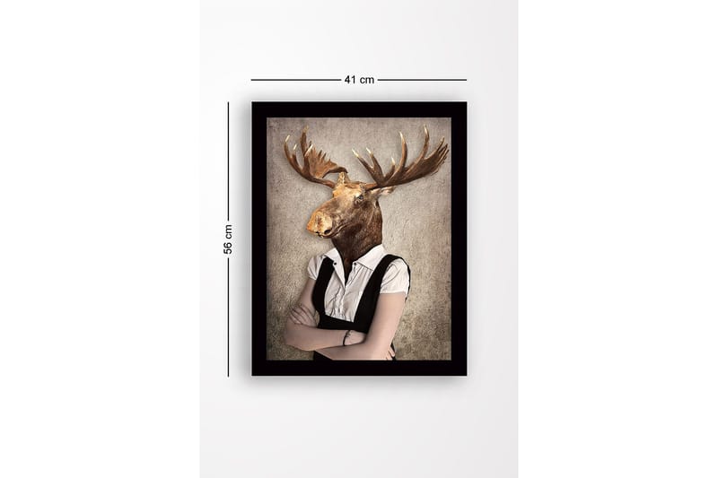 Indrammet lærred i træ - 41x56 cm - Mand med elghoved i formelt tøj - Brun / Hvid / Grå - Boligtilbehør - Billeder & kunst