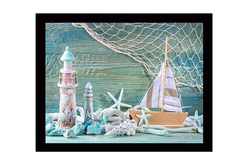 Indrammet lærred i træ - 41x56 cm - Maritim scene med sejlbåd og fyrtårne, Turkis / Hvid / Beige