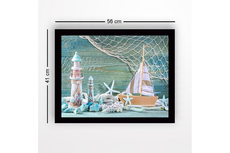 Indrammet lærred i træ - 41x56 cm - Maritim scene med sejlbåd og fyrtårne - Turkis / Hvid / Beige - Boligtilbehør - Billeder & kunst