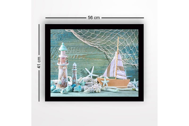Indrammet lærred i træ - 41x56 cm - Maritim scene med sejlbåd og fyrtårne - Turkis / Hvid / Beige - Boligtilbehør - Billeder & kunst