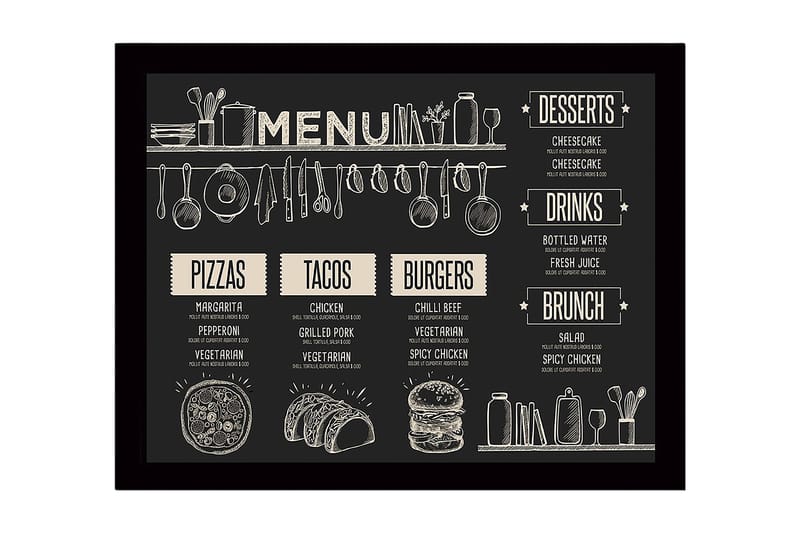 Indrammet lærred i træ - 41x56 cm - Menu med mad og drikkevarer i skitseret stil, Sort / Beige