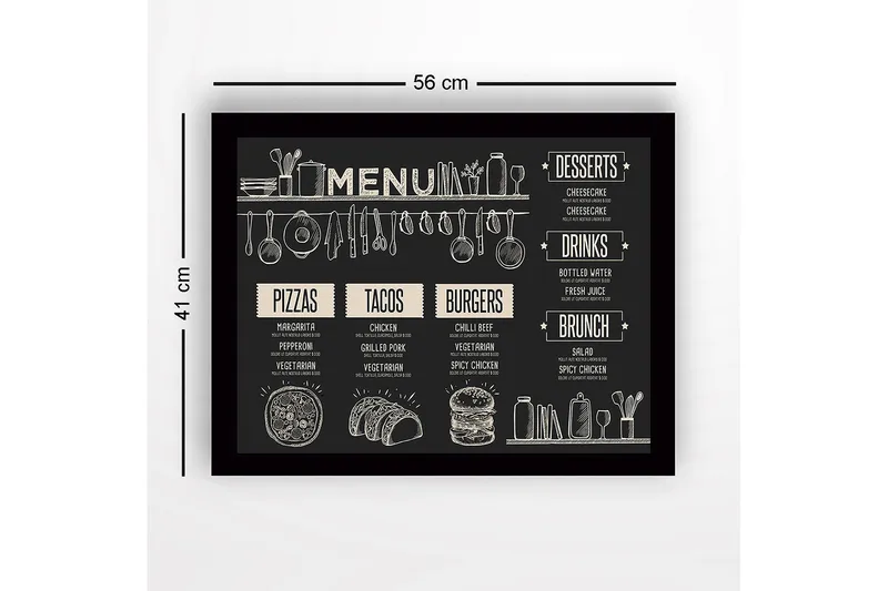 Indrammet lærred i træ - 41x56 cm - Menu med mad og drikkevarer i skitseret stil - Sort / Beige - Boligtilbehør - Billeder & kunst