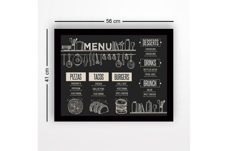 Indrammet lærred i træ - 41x56 cm - Menu med mad og drikkevarer i skitseret stil - Sort / Beige - Boligtilbehør - Billeder & kunst