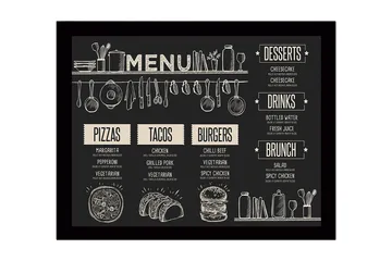 Indrammet lærred i træ - 41x56 cm - Menu med mad og drikkevarer i skitseret stil - Sort / Beige - Boligtilbehør - Billeder & kunst