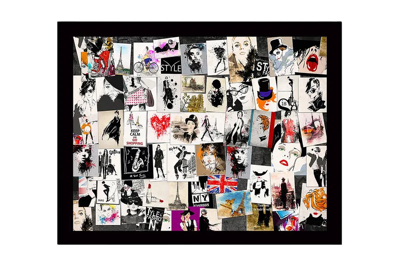 Indrammet lærred i træ - 41x56 cm - Modeinspirerede collager med stilfulde silhuetter og ikoniske vartegn, Sort / Rød / Beige