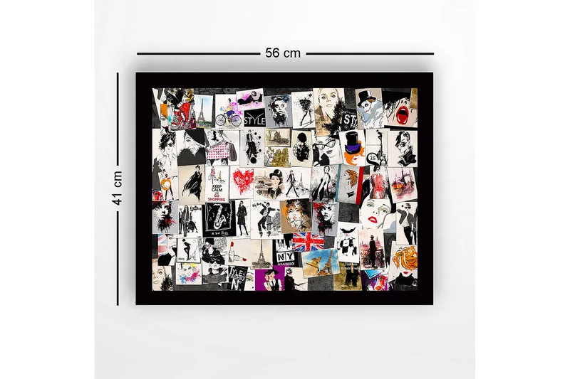 Indrammet lærred i træ - 41x56 cm - Modeinspirerede collager med stilfulde silhuetter og ikoniske vartegn - Sort / Rød / Beige - Boligtilbehør - Billeder & kunst