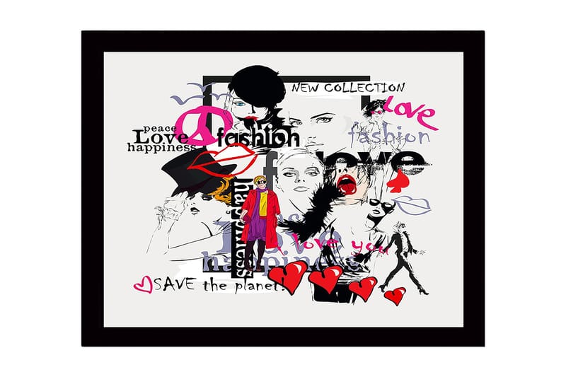 Indrammet lærred i træ - 41x56 cm - Modeinspireret collage med udtryk for kærlighed og fred, Lyserød / Sort / Rød