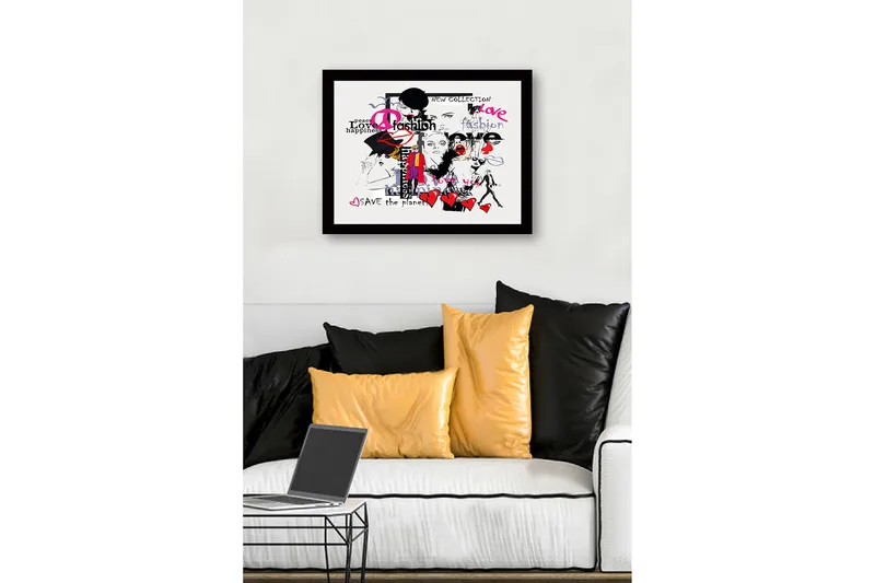 Indrammet lærred i træ - 41x56 cm - Modeinspireret collage med udtryk for kærlighed og fred - Lyserød / Sort / Rød - Boligtilbehør - Billeder & kunst