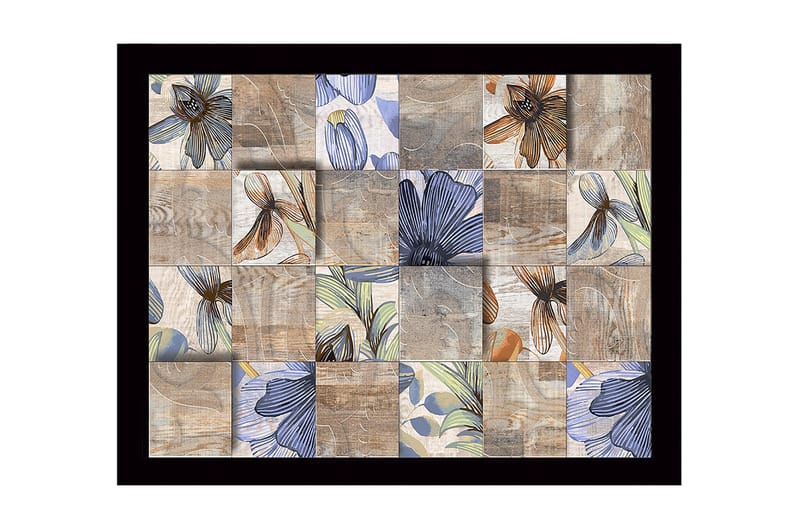 Indrammet lærred i træ - 41x56 cm - Mosaik af blomster i forskellige farver og former, Beige / Blå / Brun
