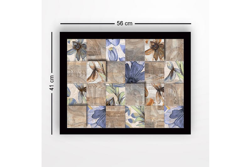 Indrammet lærred i træ - 41x56 cm - Mosaik af blomster i forskellige farver og former - Beige / Blå / Brun - Boligtilbehør - Billeder & kunst