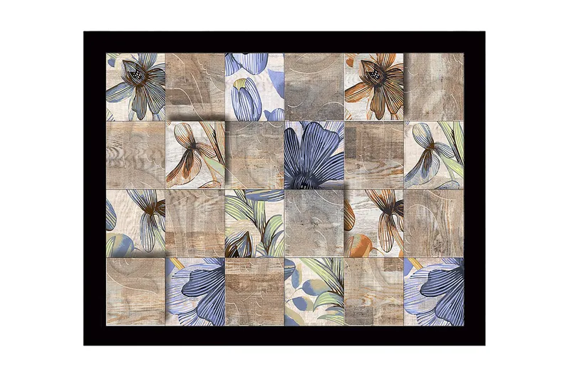 Indrammet lærred i træ - 41x56 cm - Mosaik af blomster i forskellige farver og former, Beige / Blå / Brun