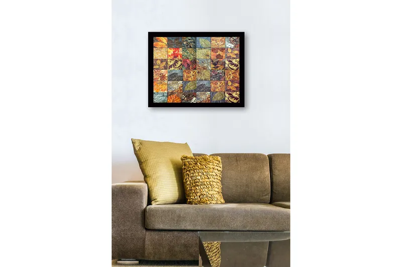 Indrammet lærred i træ - 41x56 cm - Mosaik af forskellige blade i varierende farver og teksturer - Guld / Rød / Grøn - Boligtilbehør - Billeder & kunst