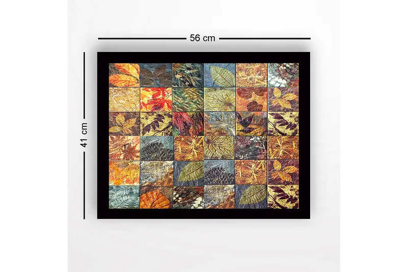 Indrammet lærred i træ - 41x56 cm - Mosaik af forskellige blade i varierende farver og teksturer - Guld / Rød / Grøn - Boligtilbehør - Billeder & kunst