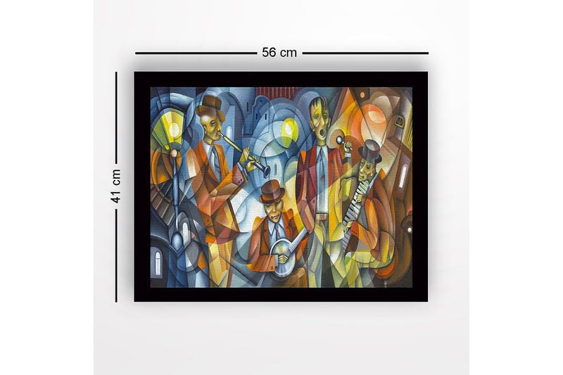 Indrammet lærred i træ - 41x56 cm - Musikalsk optræden med fire musikere i farverigt tøj - Mørkeblå / Orange / Gul - Boligtilbehør - Billeder & kunst