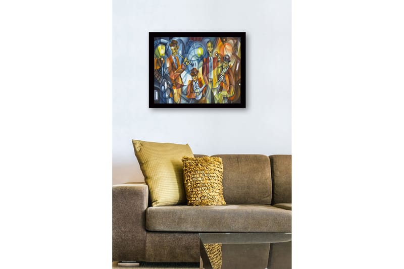 Indrammet lærred i træ - 41x56 cm - Musikalsk optræden med fire musikere i farverigt tøj - Mørkeblå / Orange / Gul - Boligtilbehør - Billeder & kunst
