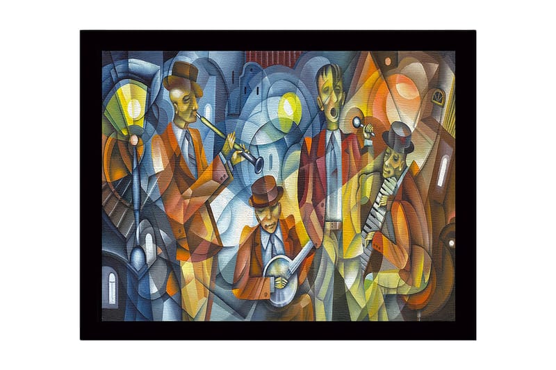 Indrammet lærred i træ - 41x56 cm - Musikalsk optræden med fire musikere i farverigt tøj, Mørkeblå / Orange / Gul