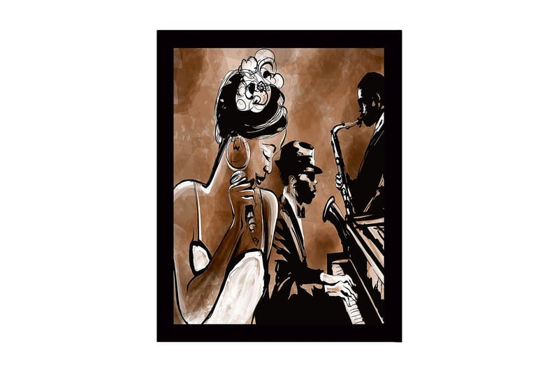 Indrammet lærred i træ - 41x56 cm - Musikalsk optræden med sanger og musiker, Mørkebrun / Beige / Sort