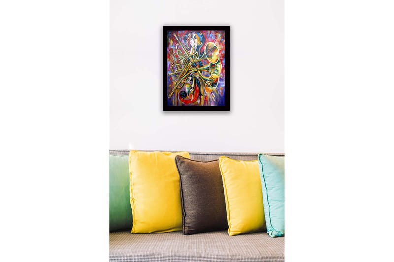 Indrammet lærred i træ - 41x56 cm - Musikalsk udtryk med instrumenter og abstrakte former - Guld / Rød / Blå - Boligtilbehør - Billeder & kunst