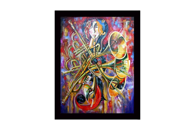Indrammet lærred i træ - 41x56 cm - Musikalsk udtryk med instrumenter og abstrakte former, Guld / Rød / Blå