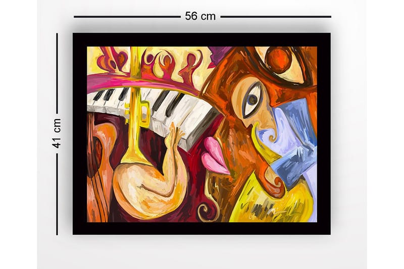Indrammet lærred i træ - 41x56 cm - Musikalsk udtryk med instrumenter og ansigter - Gul / Rød / Brun - Boligtilbehør - Billeder & kunst