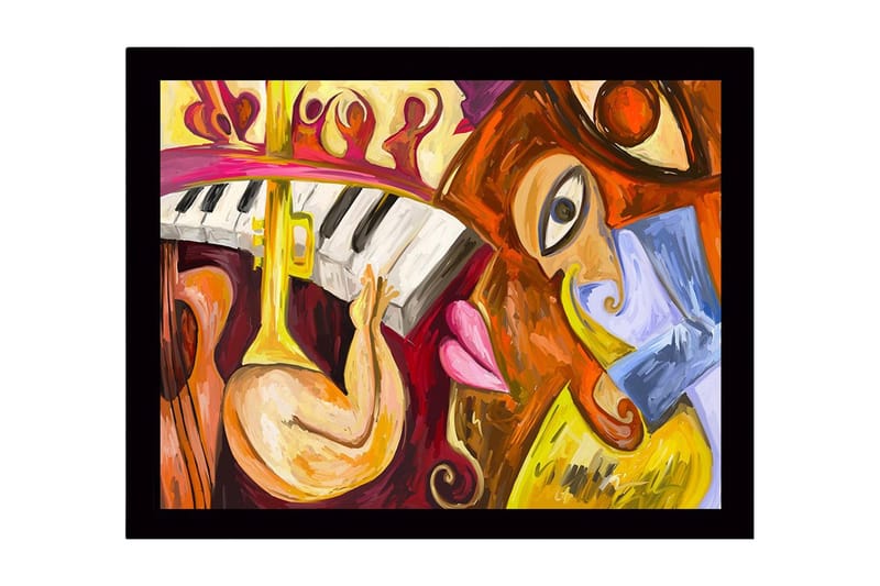 Indrammet lærred i træ - 41x56 cm - Musikalsk udtryk med instrumenter og ansigter, Gul / Rød / Brun