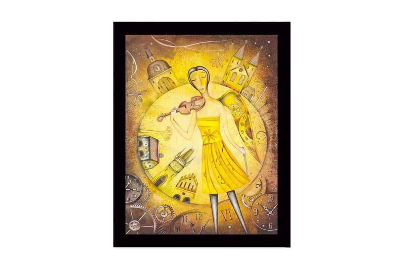 Indrammet lærred i træ - 41x56 cm - Musiker med violin i et gyldent miljø, Guld / Gul / Brun