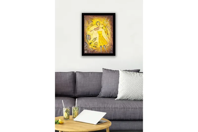 Indrammet lærred i træ - 41x56 cm - Musiker med violin i et gyldent miljø - Guld / Gul / Brun - Boligtilbehør - Billeder & kunst