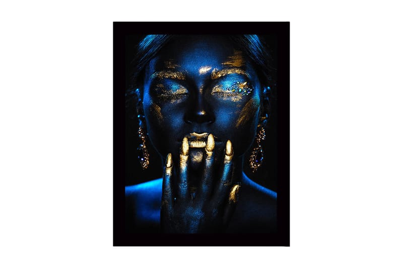 Indrammet lærred i træ - 41x56 cm - Mystisk portræt med guld- og blå toner - Guld / Mørkeblå - Boligtilbehør - Billeder & kunst