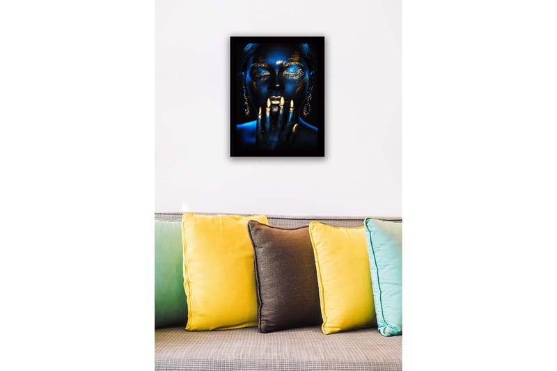 Indrammet lærred i træ - 41x56 cm - Mystisk portræt med guld- og blå toner - Guld / Mørkeblå - Boligtilbehør - Billeder & kunst