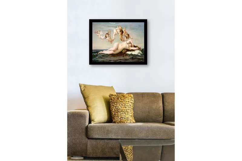 Indrammet lærred i træ - 41x56 cm - Nøgen kvinde hviler på havets bølger omgivet af engle - Hudtone / Himmelblå / Havgrøn - Boligtilbehør - Billeder & kunst