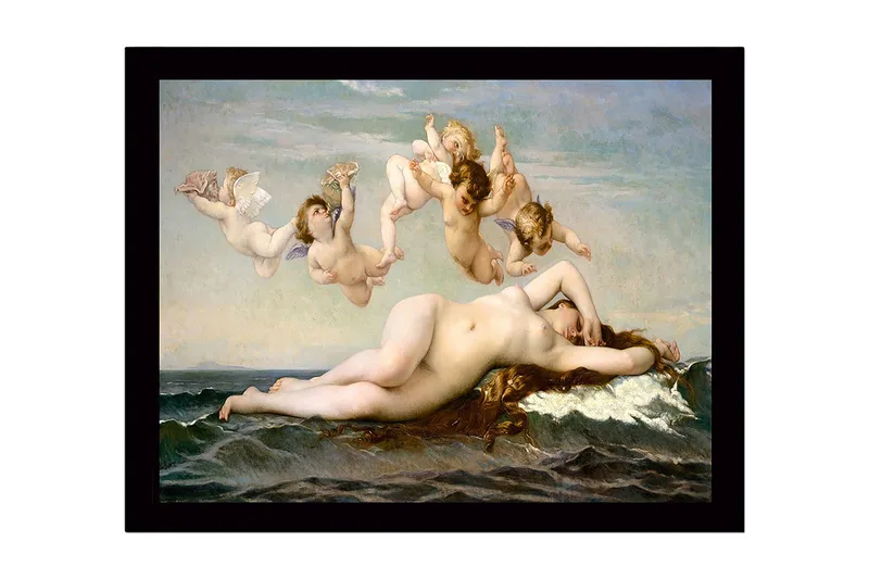 Indrammet lærred i træ - 41x56 cm - Nøgen kvinde hviler på havets bølger omgivet af engle, Hudtone / Himmelblå / Havgrøn