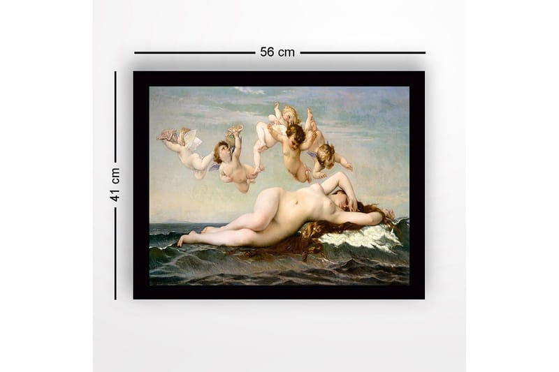 Indrammet lærred i træ - 41x56 cm - Nøgen kvinde hviler på havets bølger omgivet af engle - Hudtone / Himmelblå / Havgrøn - Boligtilbehør - Billeder & kunst