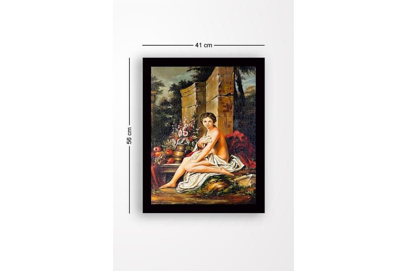 Indrammet lærred i træ - 41x56 cm - Nøgen kvinde siddende med blomster og frugter i naturskønne omgivelser - Hudtone / Grøn / Rød - Boligtilbehør - Billeder & kunst